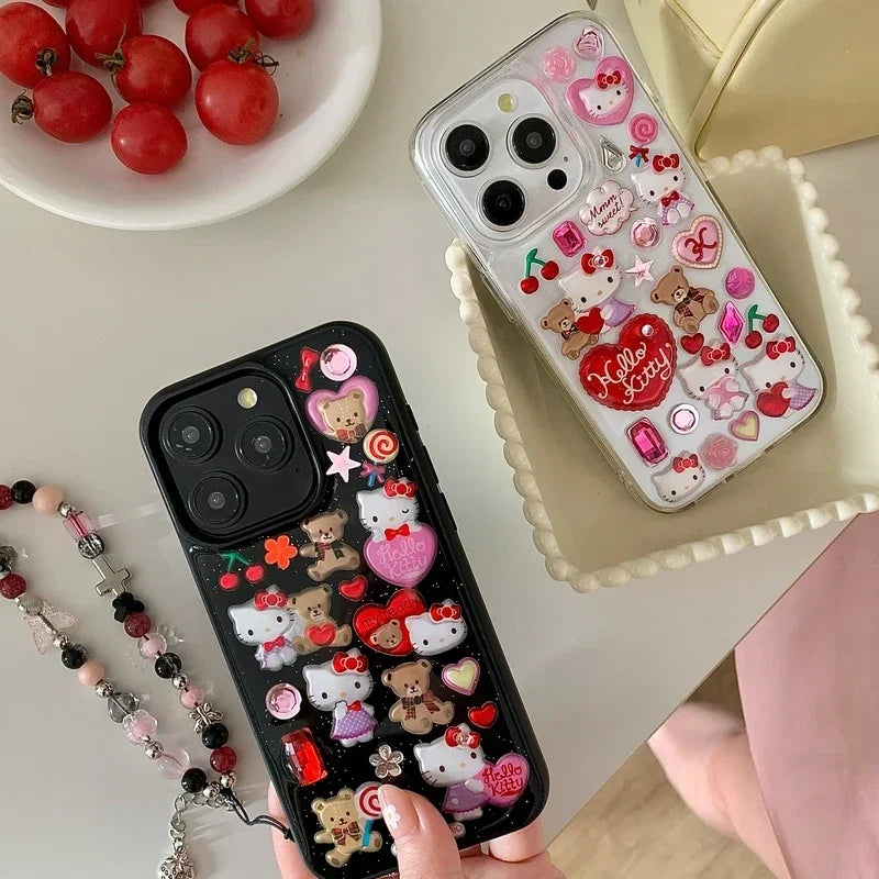 3D Cute Cartoon Y2K Hello Kitty Sticker Bling Glitter Phone Case
