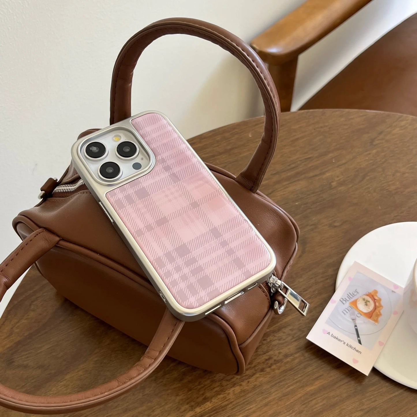 Stylish Simple Electroplate Pink Plaid Pattern Solid Color Phone Case