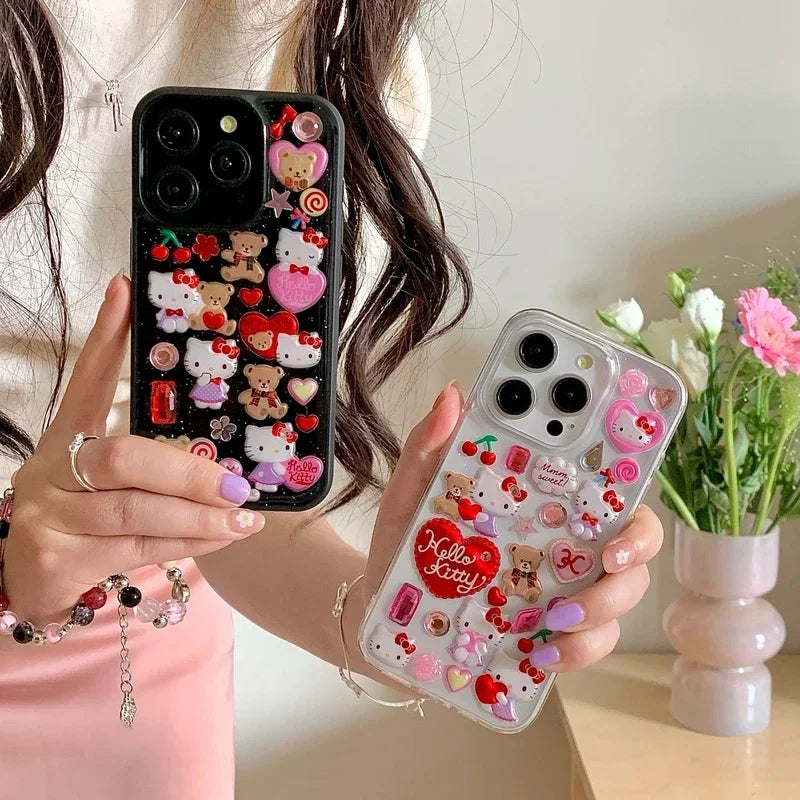 3D Cute Cartoon Y2K Hello Kitty Sticker Bling Glitter Phone Case