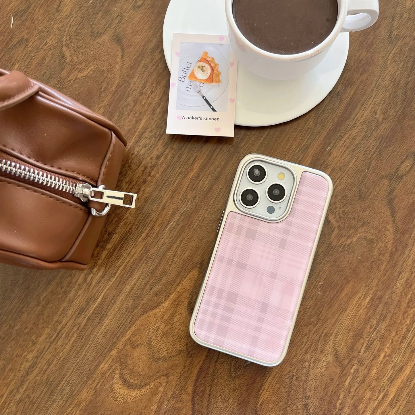 Stylish Simple Electroplate Pink Plaid Pattern Solid Color Phone Case
