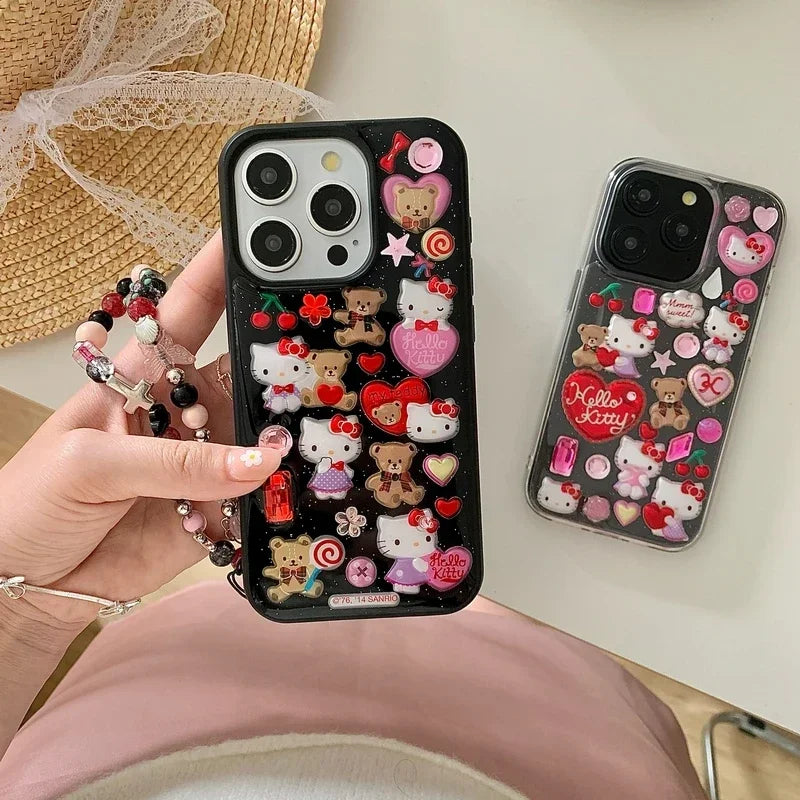 3D Cute Cartoon Y2K Hello Kitty Sticker Bling Glitter Phone Case