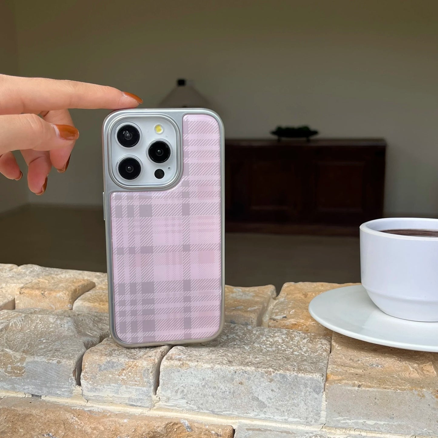 Stylish Simple Electroplate Pink Plaid Pattern Solid Color Phone Case