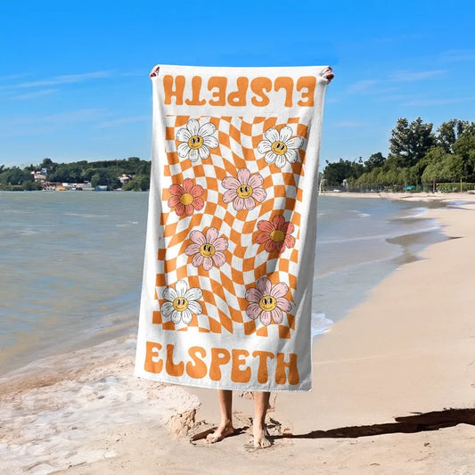 Checkered Flowers Personalized Beach Towel