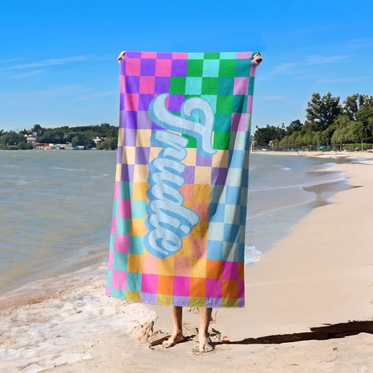 Colorful Plaid Custom Beach Towel, Personalized Bath Towel With Name