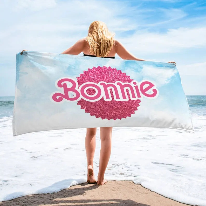 Custom Barbi Name Beach Towel, Personalized Pink Keni Pool Towel, Vacation Anniversary Birthday Present