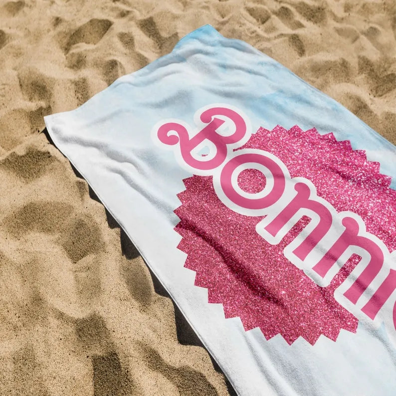 Custom Barbi Name Beach Towel, Personalized Pink Keni Pool Towel, Vacation Anniversary Birthday Present