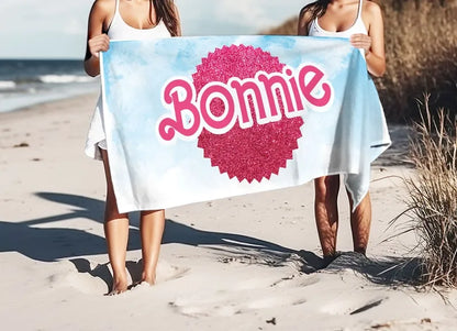 Custom Barbi Name Beach Towel, Personalized Pink Keni Pool Towel, Vacation Anniversary Birthday Present