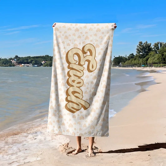 Custom Name Khaki Heart Love Beach Towel