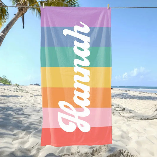 Custom Rainbow Beach Towel Custom Name Towel Retro Style Towel Girls Beach Towel