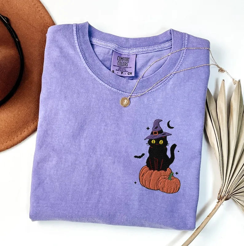 Cute Cat Halloween Embroidered Comfort Colors Fall Shirt