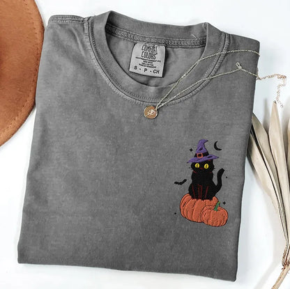 Cute Cat Halloween Embroidered Comfort Colors Fall Shirt