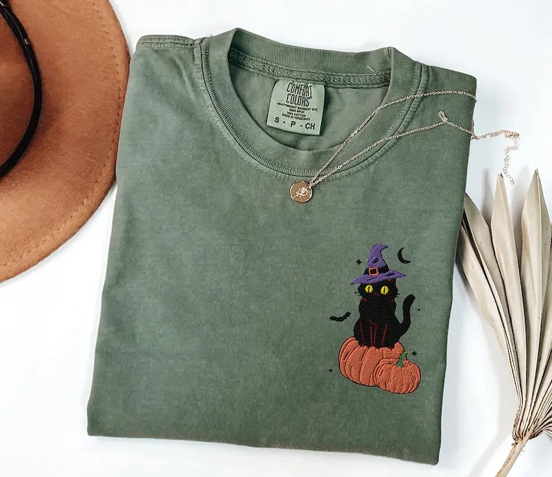 Cute Cat Halloween Embroidered Comfort Colors Fall Shirt