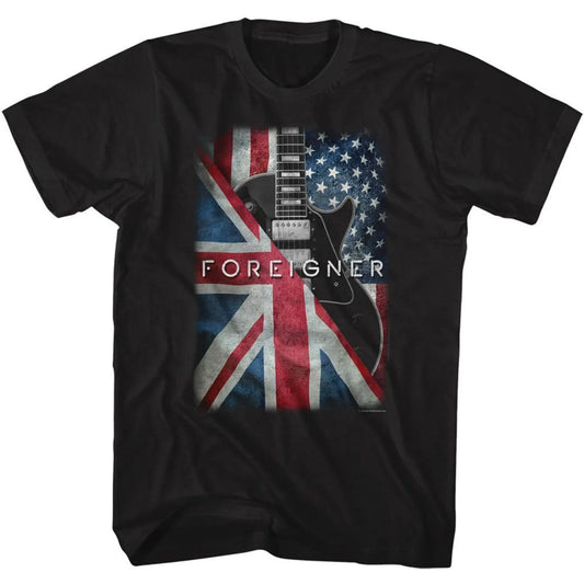 Foreigner Flags and Guitar Black Adult T-Shirt