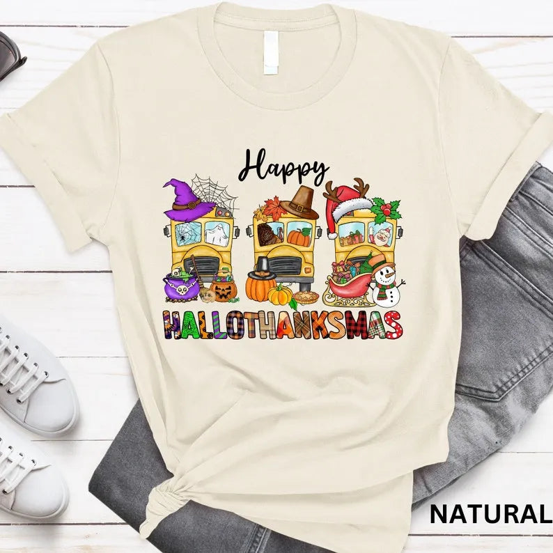 Happy Hallothanksmas School Bus Shirt Hallothanksmas Shirt For Driver