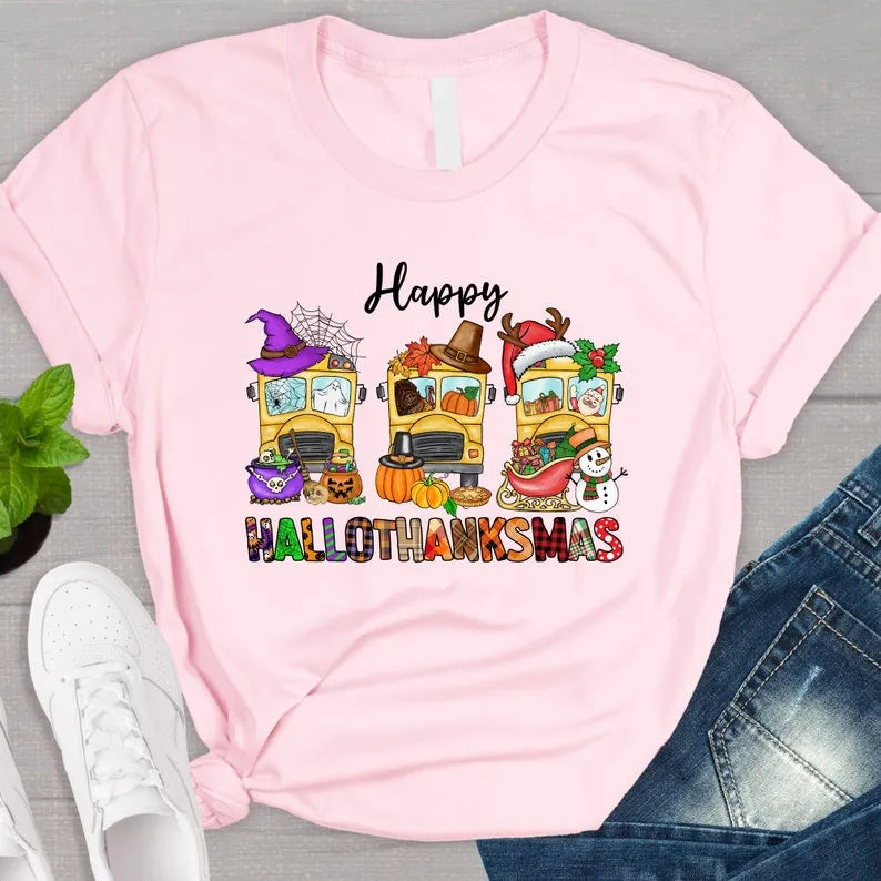 Happy Hallothanksmas School Bus Shirt Hallothanksmas Shirt For Driver