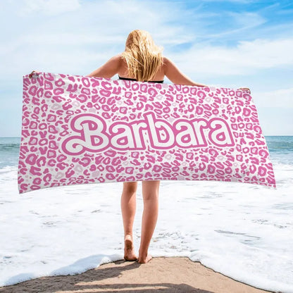 Personalized Barbi Name Beach Towel, Custom Pink Tiger Design Bath Pool Towel, Vacation Anniversary Birthday Towel