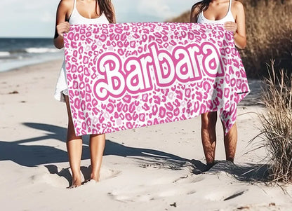 Personalized Barbi Name Beach Towel, Custom Pink Tiger Design Bath Pool Towel, Vacation Anniversary Birthday Towel