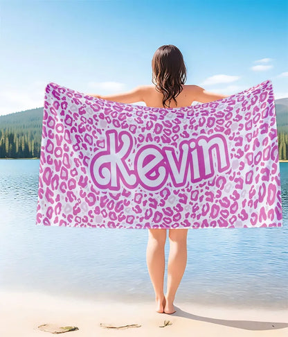 Personalized Barbi Name Beach Towel, Custom Pink Tiger Design Bath Pool Towel, Vacation Anniversary Birthday Towel