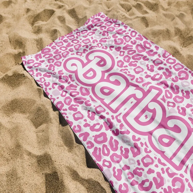 Personalized Barbi Name Beach Towel, Custom Pink Tiger Design Bath Pool Towel, Vacation Anniversary Birthday Towel