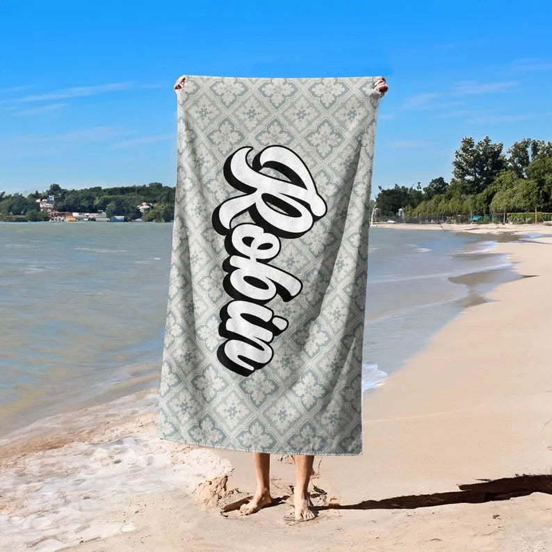 Personalized Grey Flower Beach Towel