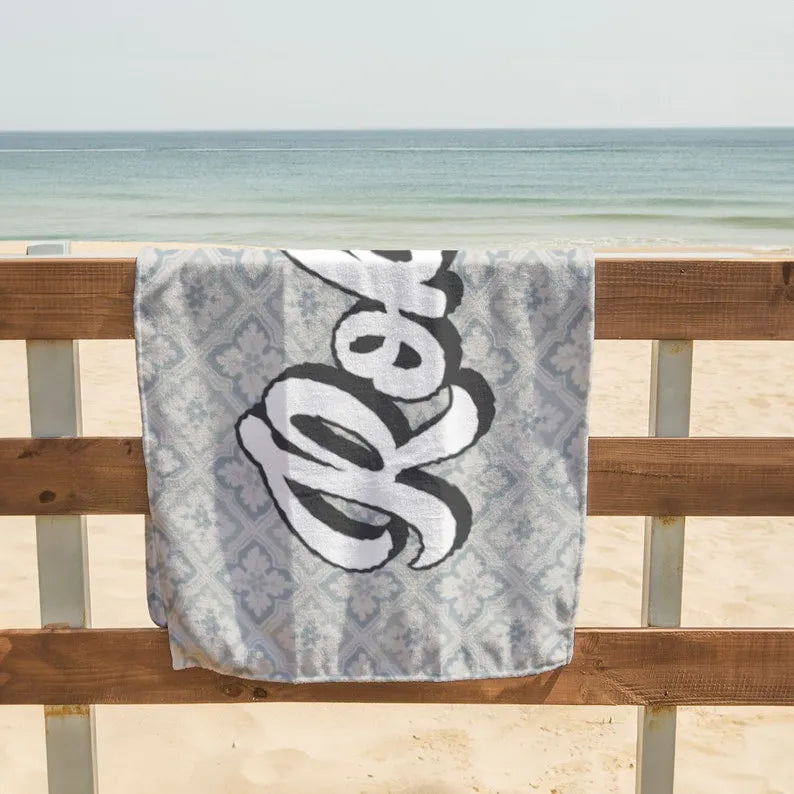 Personalized Grey Flower Beach Towel