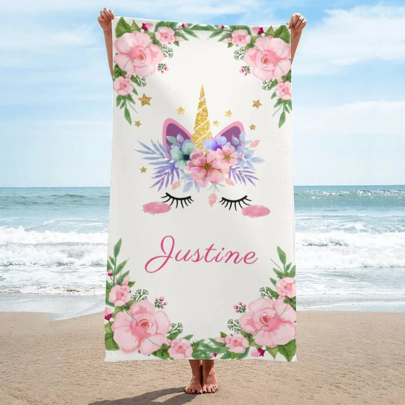 Personalized Unicorn And Flower Beach Towel