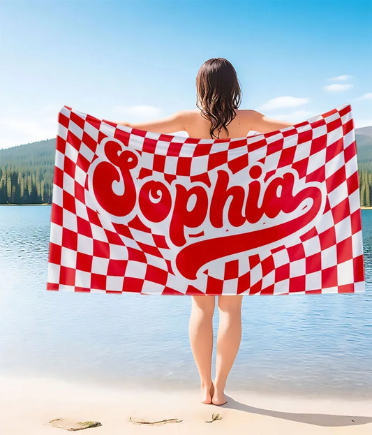 Retro Checkered Pattern Beach Towel, Custom Name Pool Towel, Personalized Hippie Style Bath Towel