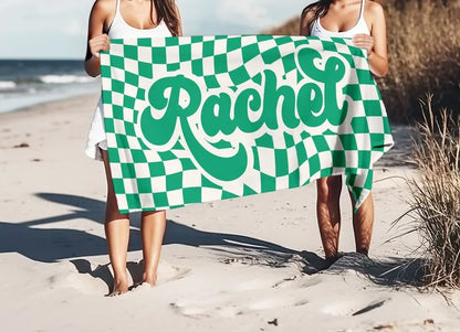 Retro Checkered Pattern Beach Towel, Custom Name Pool Towel, Personalized Hippie Style Bath Towel