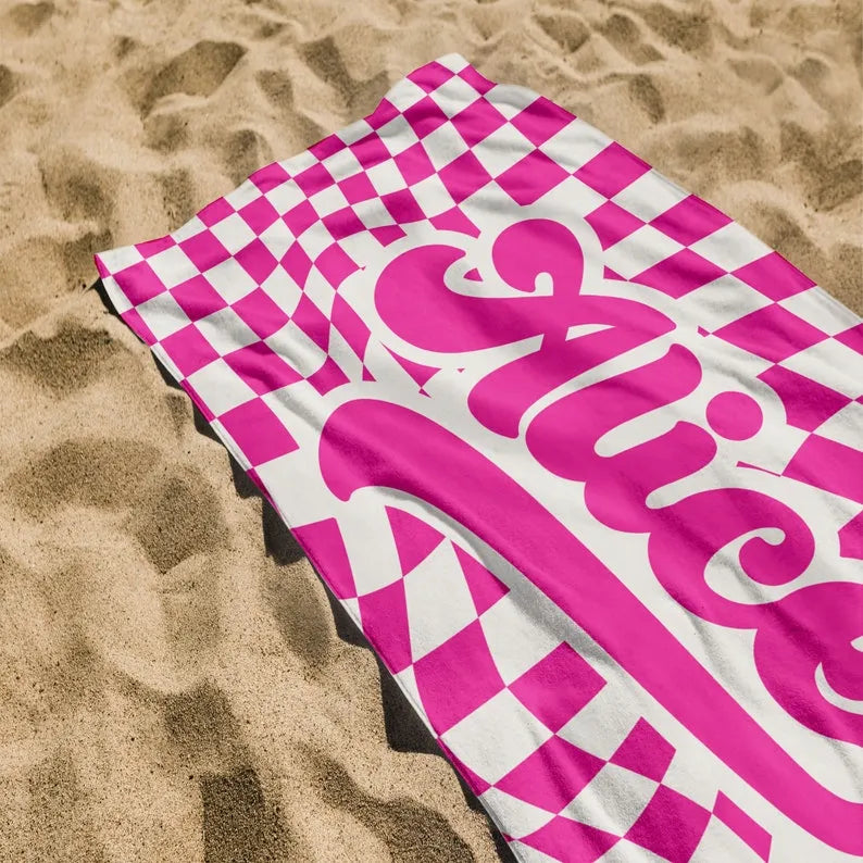 Retro Checkered Pattern Beach Towel, Custom Name Pool Towel, Personalized Hippie Style Bath Towel