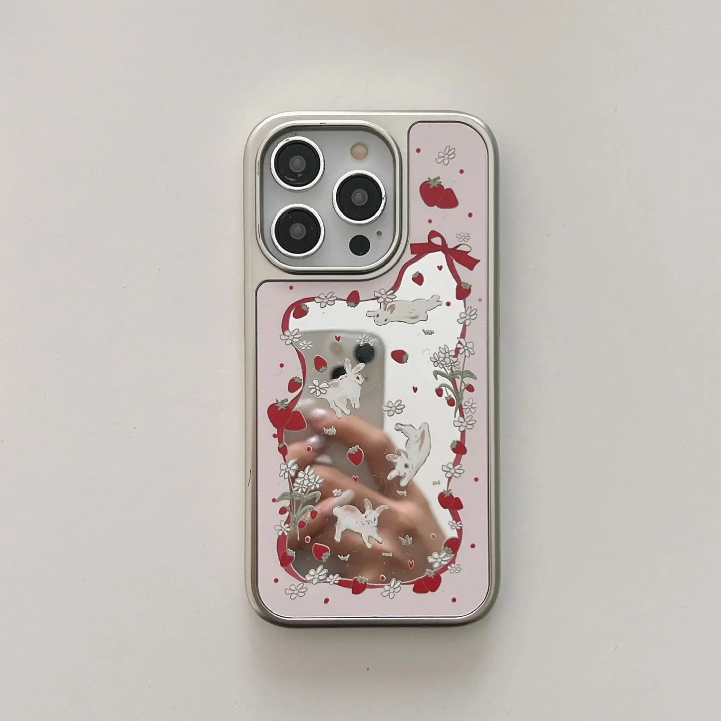 Pink Rabbit Strawberry Wave Point Flower Bowknot Silk Ribbon Mirror Surface Sliver Edge Phone Case