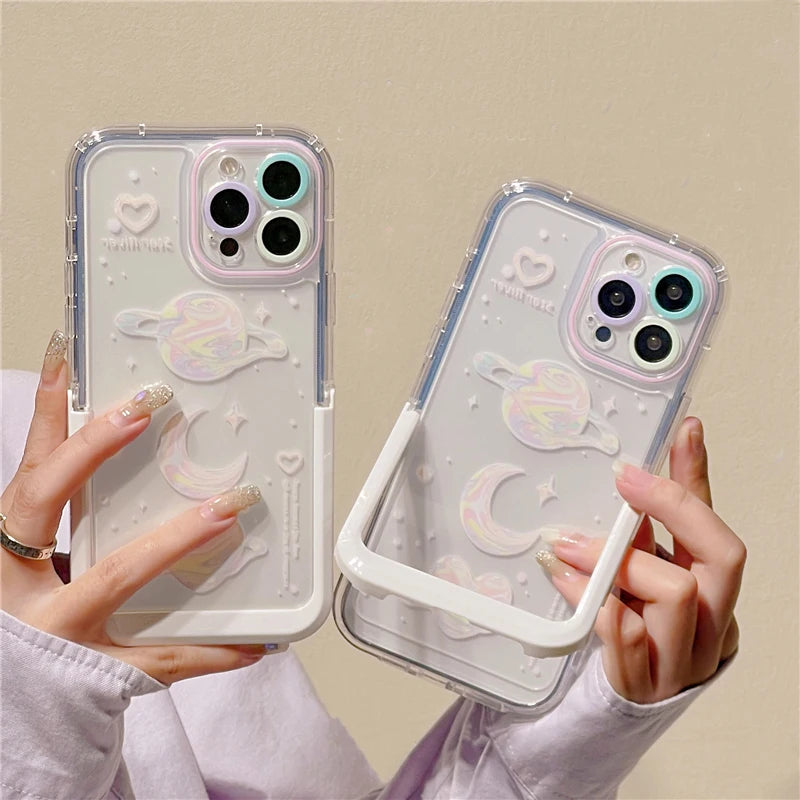 Laser Planet Moon Invisible Stand Holder Case For iPhone, Soft Silicone Shockproof Phone Back Cover