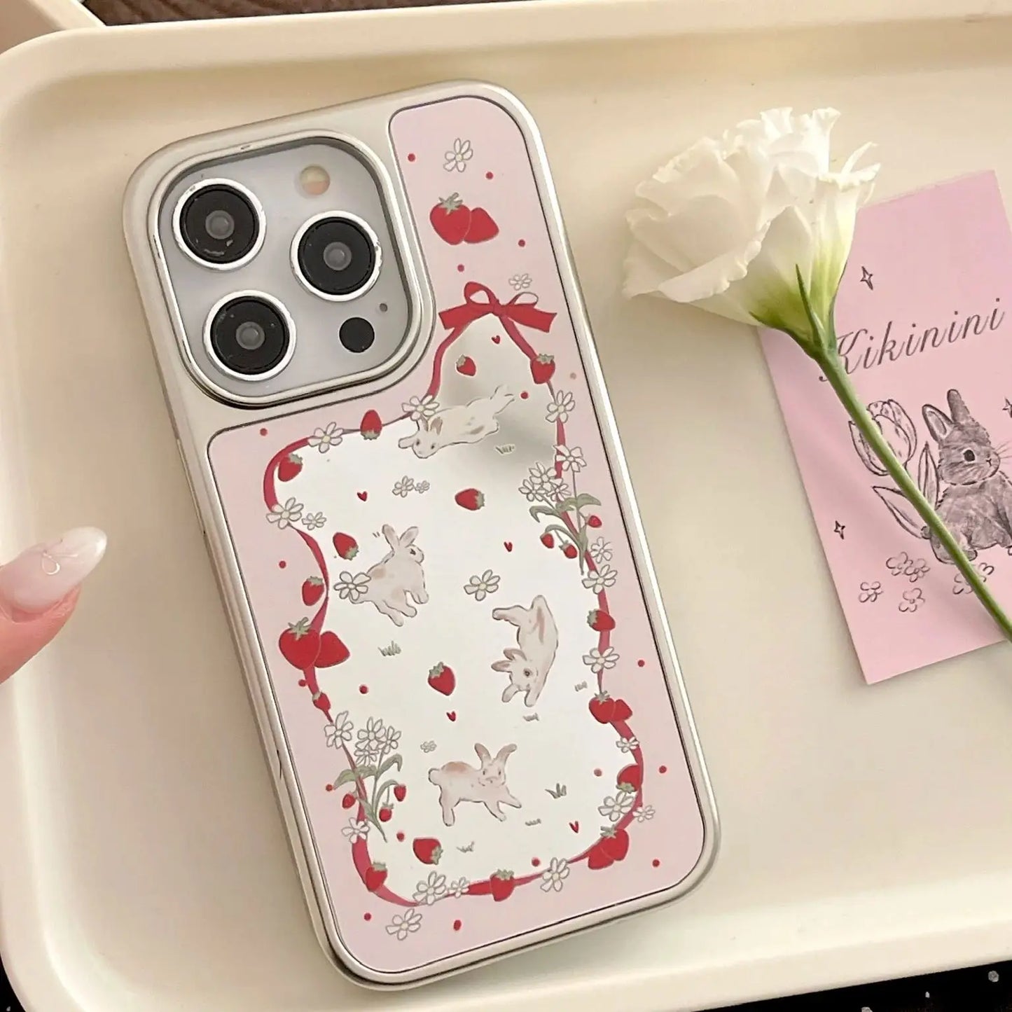 Pink Rabbit Strawberry Wave Point Flower Bowknot Silk Ribbon Mirror Surface Sliver Edge Phone Case