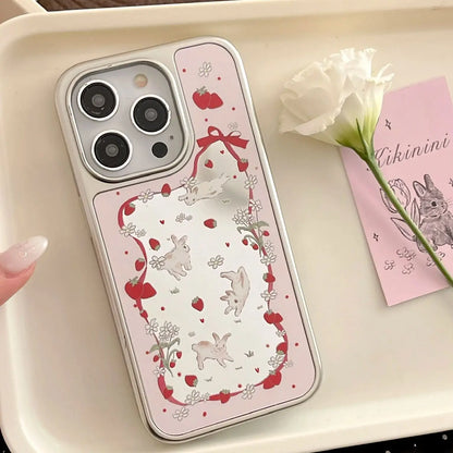 Pink Rabbit Strawberry Wave Point Flower Bowknot Silk Ribbon Mirror Surface Sliver Edge Phone Case