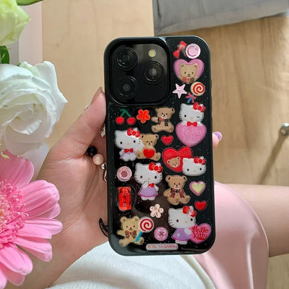 3D Cute Cartoon Y2K Hello Kitty Sticker Bling Glitter Phone Case