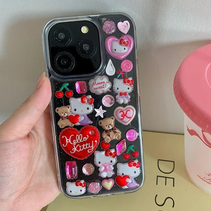 3D Cute Cartoon Y2K Hello Kitty Sticker Bling Glitter Phone Case