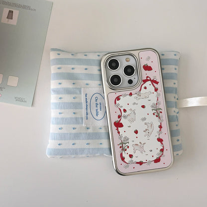 Pink Rabbit Strawberry Wave Point Flower Bowknot Silk Ribbon Mirror Surface Sliver Edge Phone Case