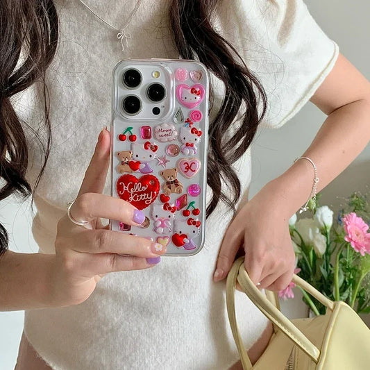 3D Cute Cartoon Y2K Hello Kitty Sticker Bling Glitter Phone Case
