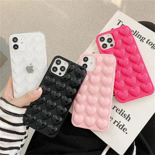 3D Love Heart Couples Phone Case For iPhone, Candy Color Soft TPU Back Cover