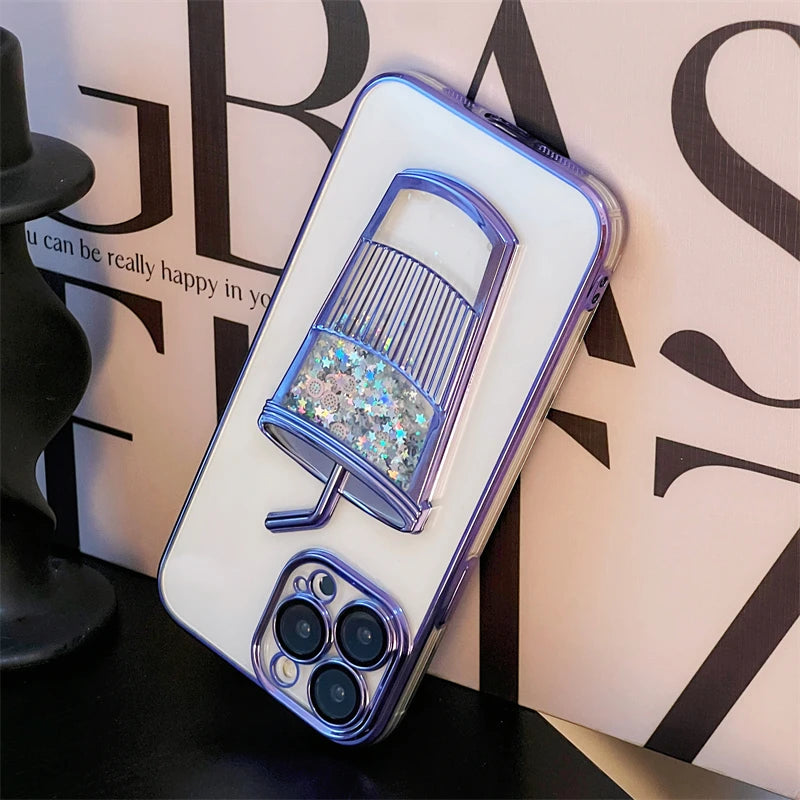 Fashion Milk Tea Cup Bling Glitter Star Quicksand Case For iPhone, Shiny Sequins Transparent Plating Cover