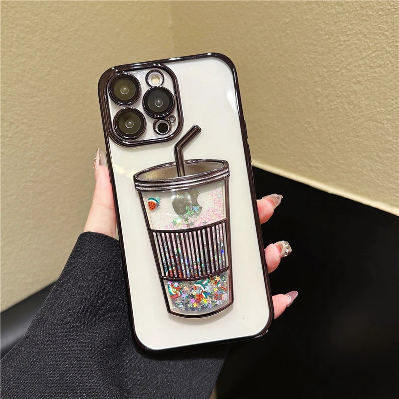 Fashion Milk Tea Cup Bling Glitter Star Quicksand Case For iPhone, Shiny Sequins Transparent Plating Cover