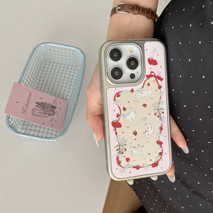 Pink Rabbit Strawberry Wave Point Flower Bowknot Silk Ribbon Mirror Surface Sliver Edge Phone Case
