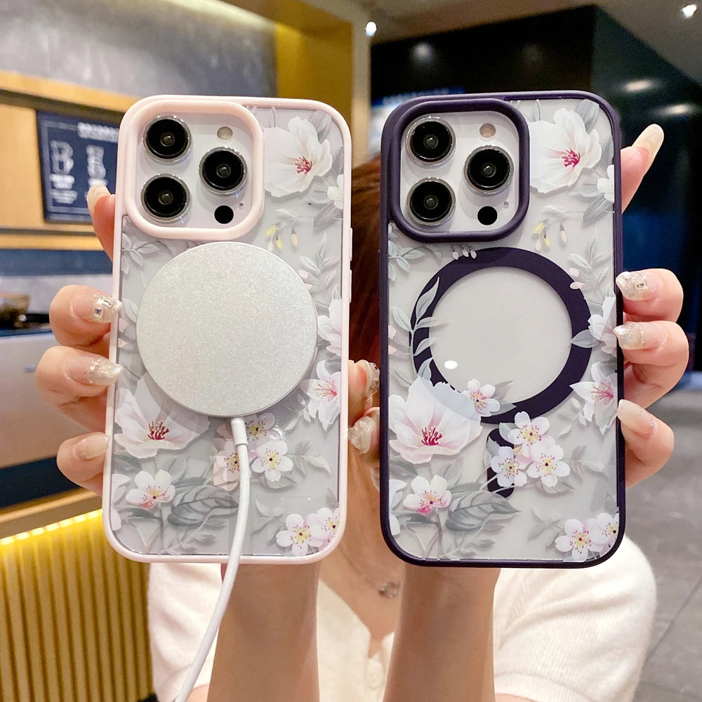 Flower Magnetic Phone Case For Iphone, Wireless Charging Creative Transparent Silicone Cover Back Case