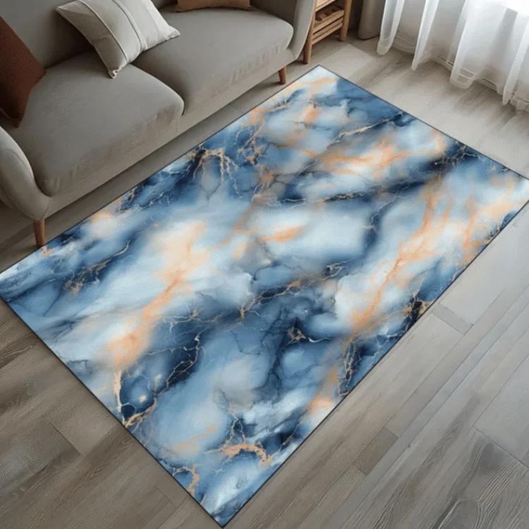 Blue Luxury Marble Rug, Blue White Gold Modern Rug