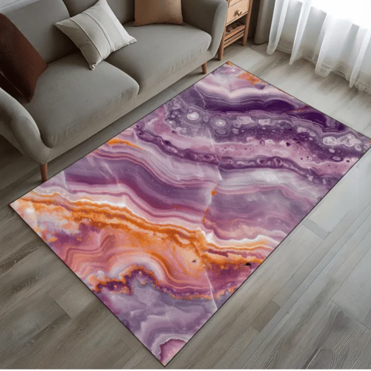 Crystal Stone Look Rug, Purple Orange Lilac Marble Pattern Rug