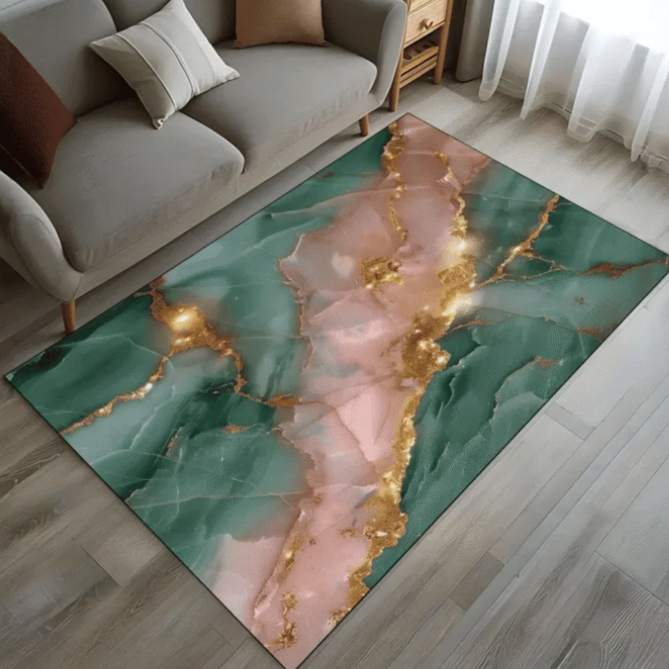 Emerald-Pink Rug Marble Rug, Golden Sparkle Emerald Marble Rug