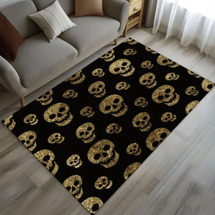 Gold Skull Pattern Rug, Gold Glitter Skull Print Carpet