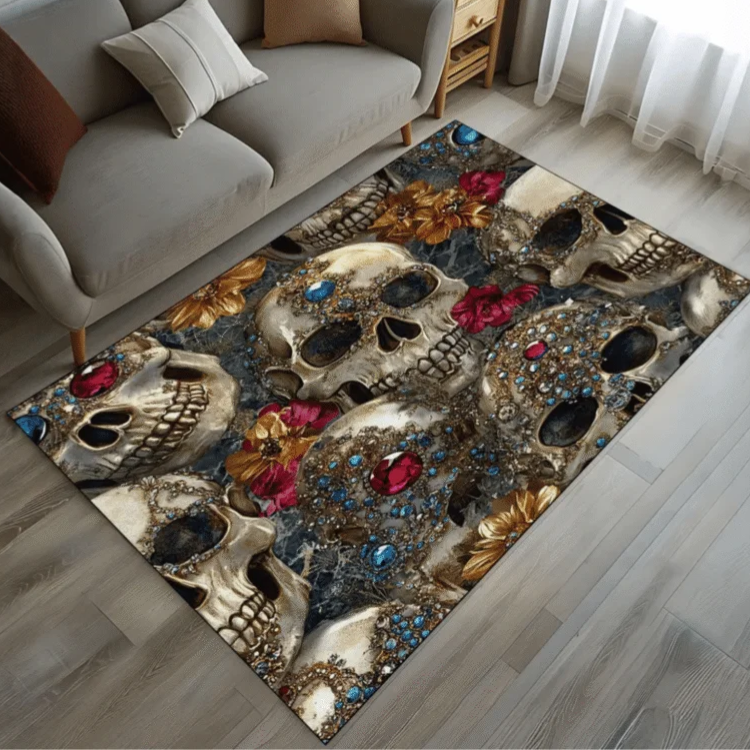Jewelled Gothic Skull Rug, Artistic Silver Skull Rug, Gothic Luxury Skull Rug