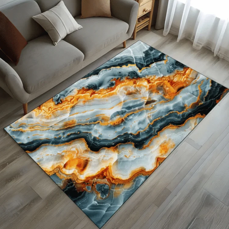 Luxury Black White Gold Marble Rug, White Gray Gold Marble Rug