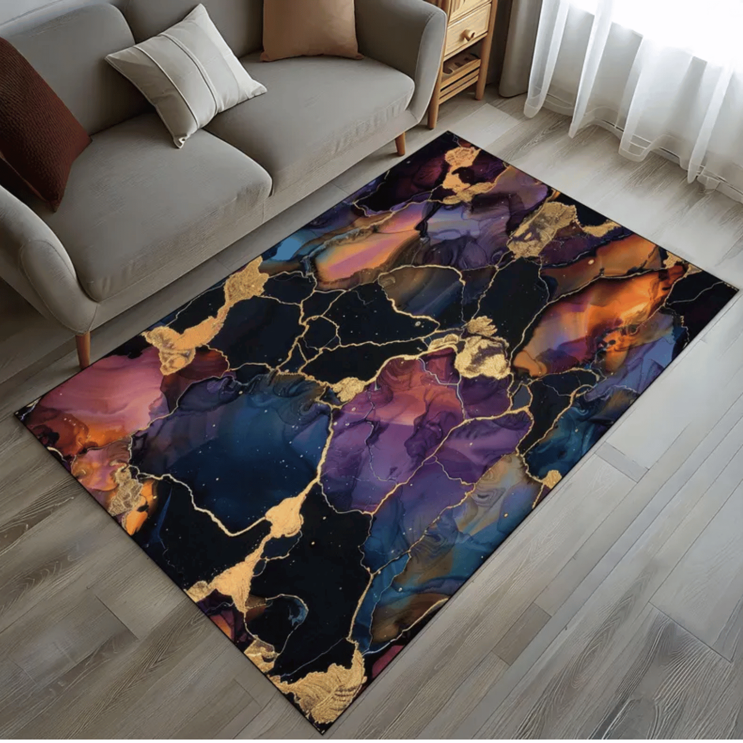 Luxury Cosmic Abstract Rug, Purple Navy Gold Color Digital Carpet