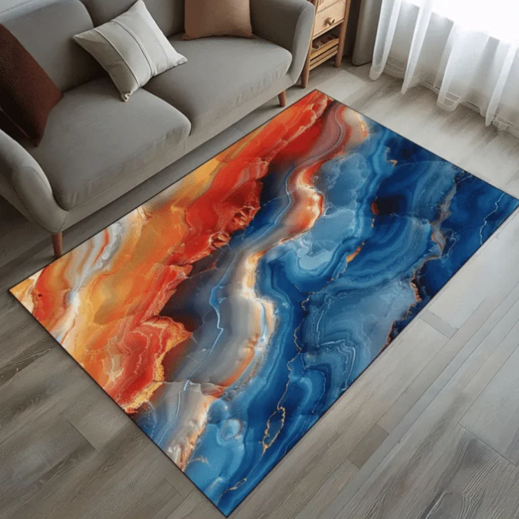 Orange Blue White Marble Rug, Luxury Orange Blue Rug